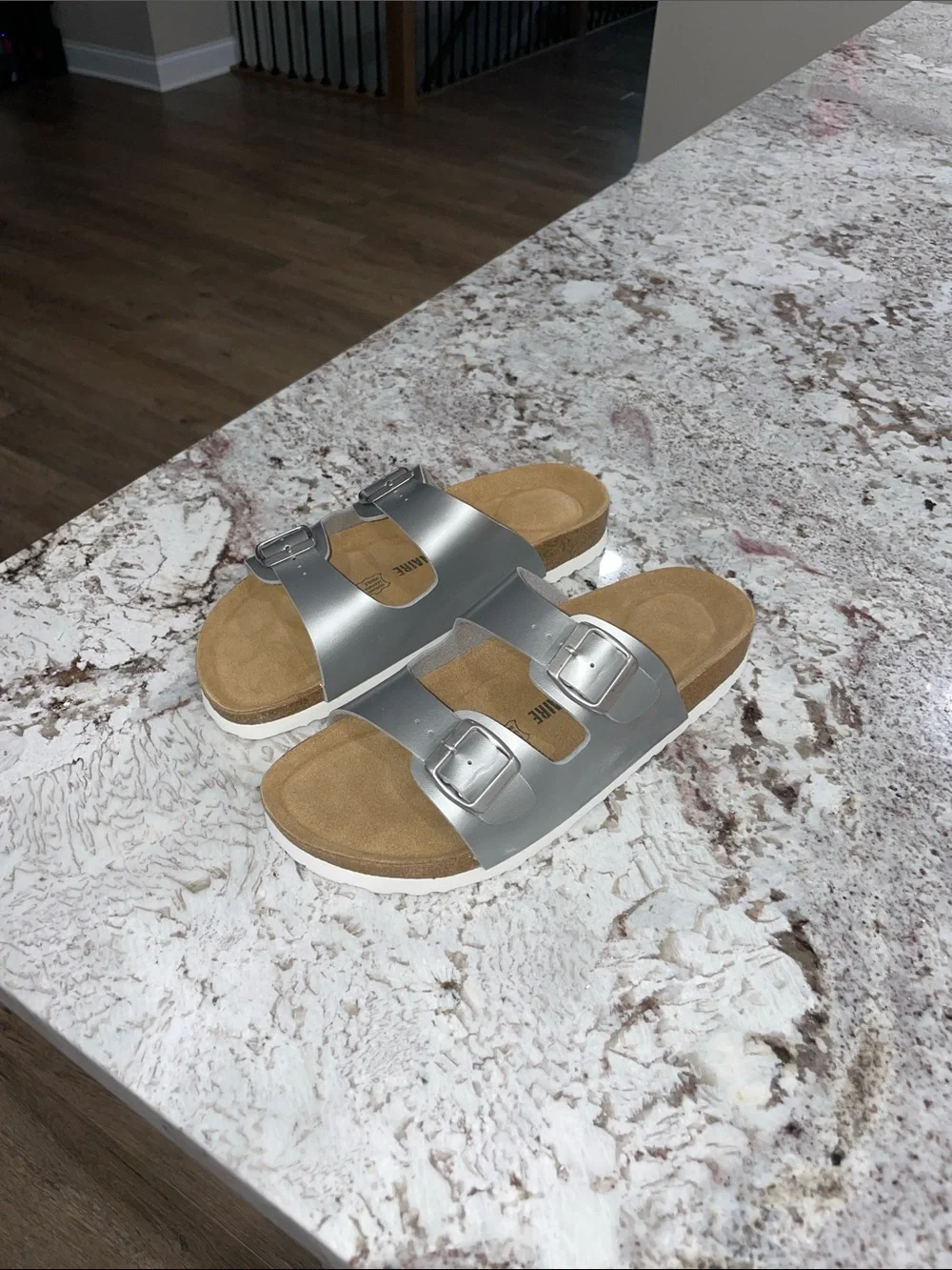 Women’s Double-Buckle Slide Sandals in Silver